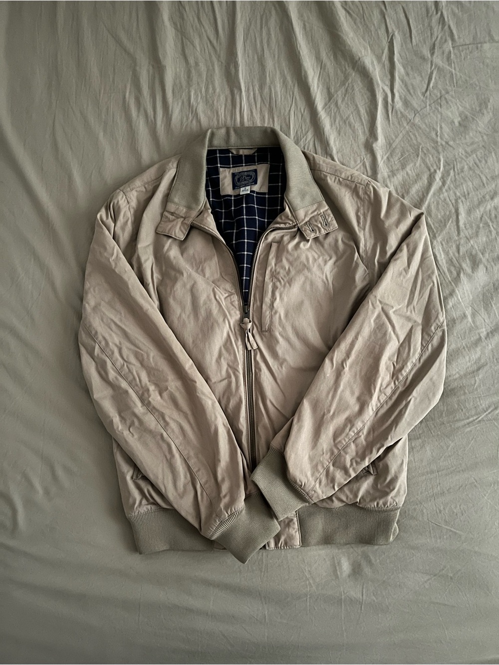 J. Crew Light Beige Bomber Jacket with Plaid Lining
